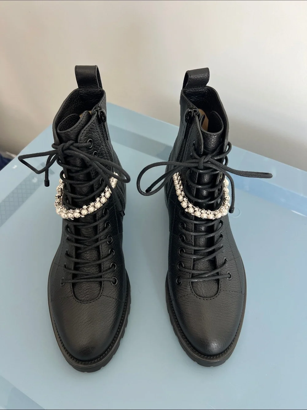 Jimmy Choo cruz crystal faux pearl embellished strap lace-up black leather boots